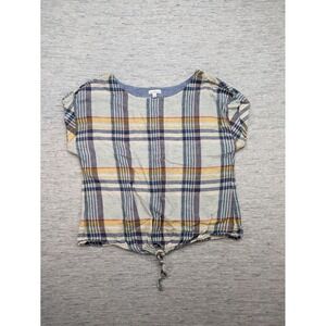 LL Bean Signature Linen Tie-Front Plaid‎ Top Short Sleeve Casual Large beachy